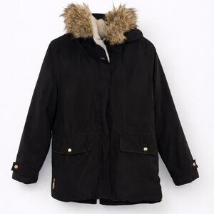 ✨ Forever 21 Black Faux Fur Hooded Parka Coat – Women’s Large ✨